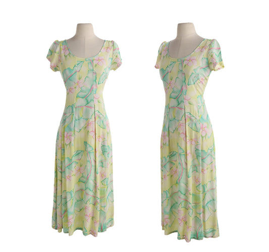 Vintage Jams World Green Floral Print Long Summer Dress