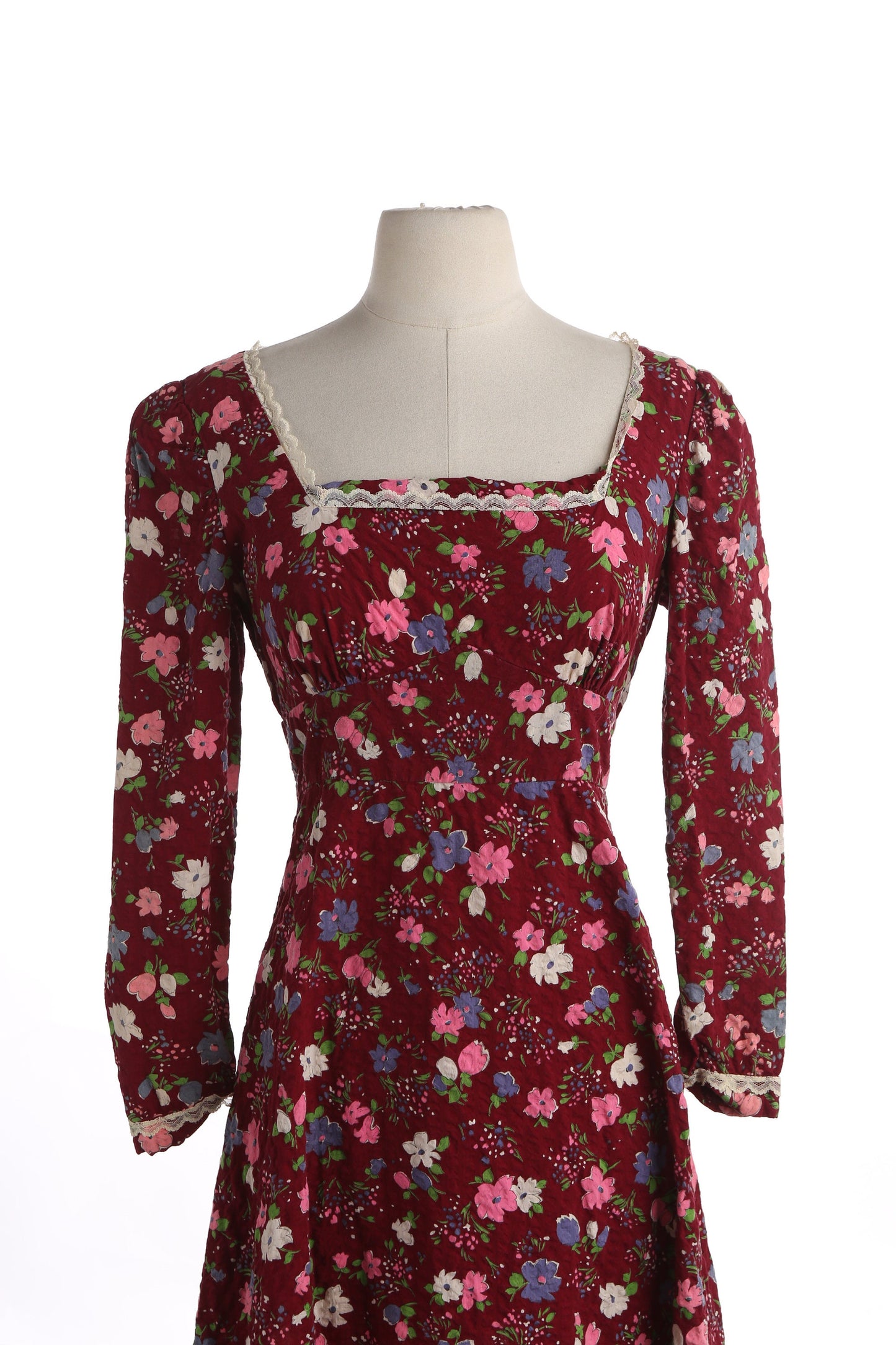 70s Women red Floral Print Long Prairie Cotton Dress by Lang