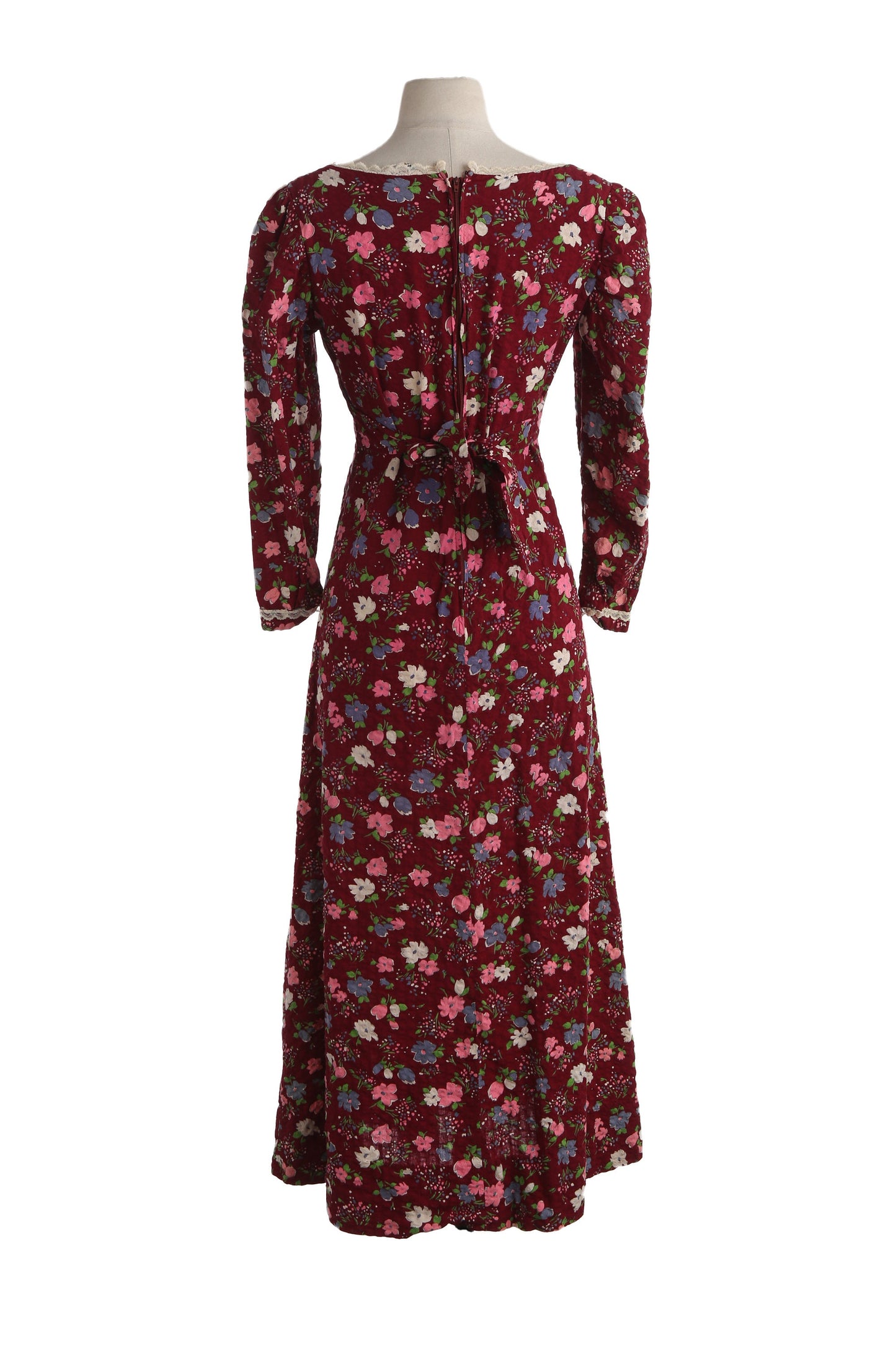 70s Women red Floral Print Long Prairie Cotton Dress by Lang