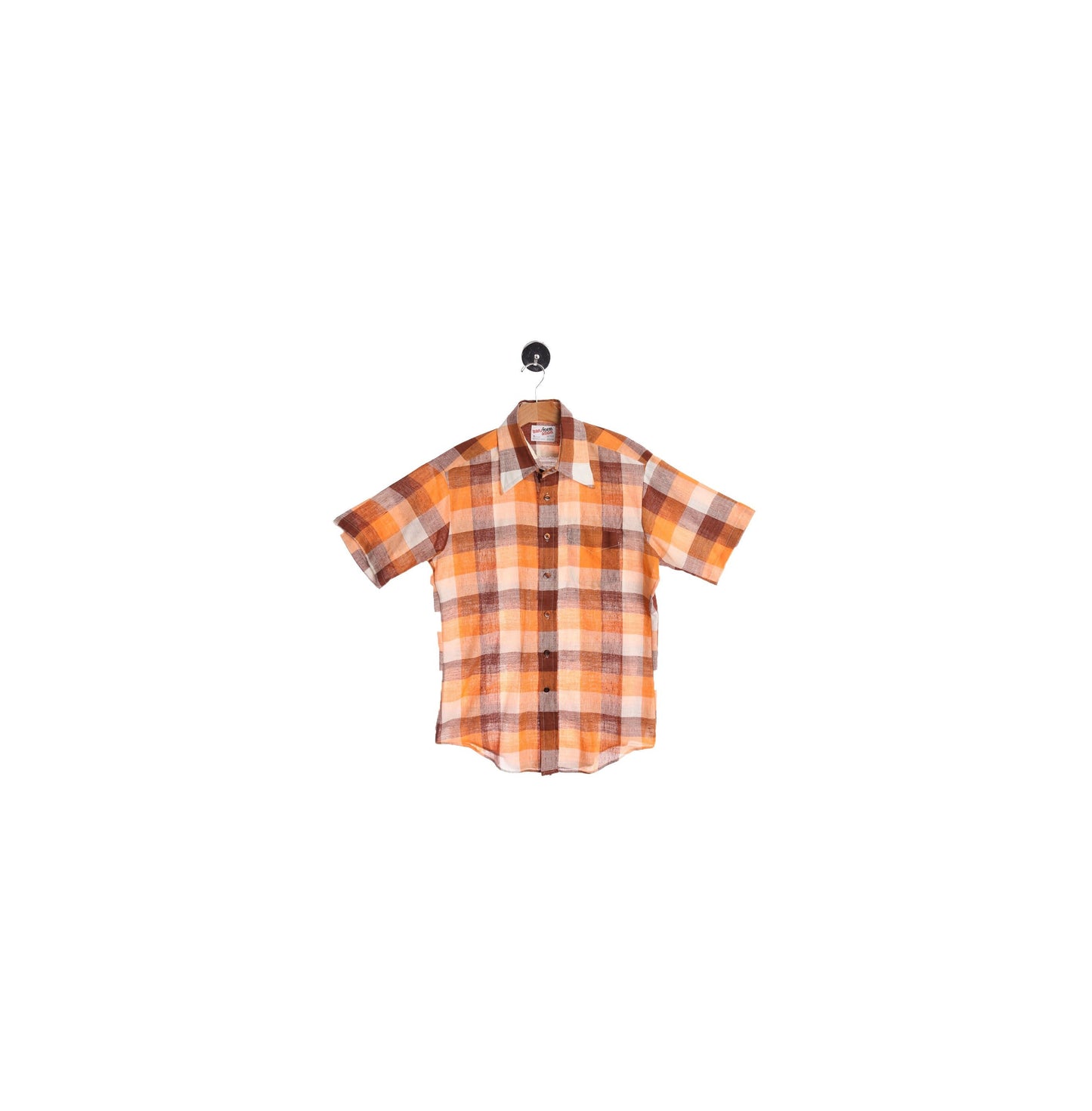 70's Men Brown Plaid Button Short Sleeve Shirt
