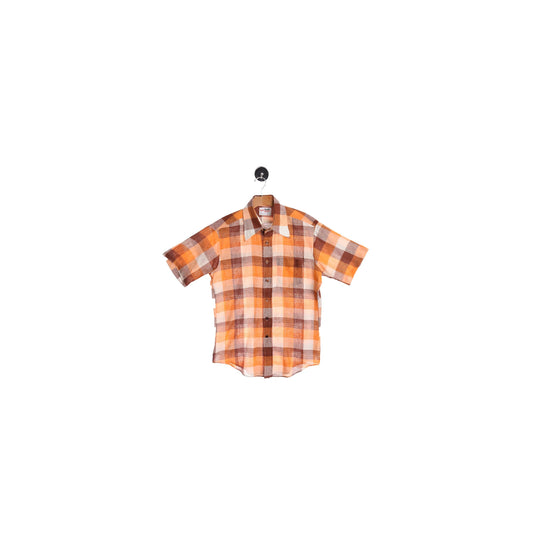 70's Men Brown Plaid Button Short Sleeve Shirt