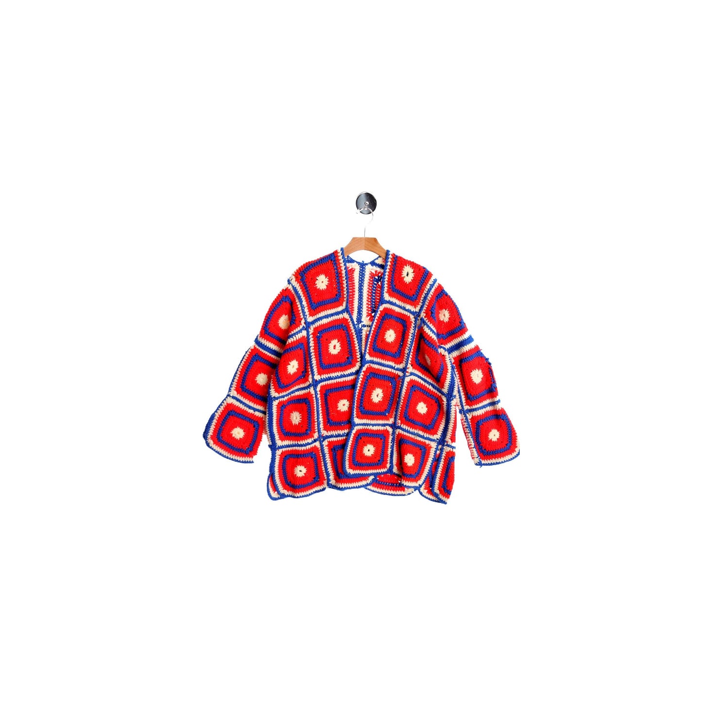 Patchwork Hand Knit Red Blue and White Acrylic Crochet Jacket