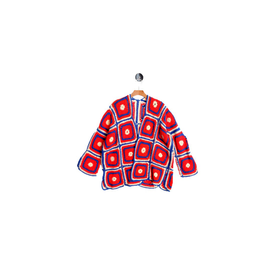 Patchwork Hand Knit Red Blue and White Acrylic Crochet Jacket