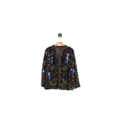 Black Sequin Geometric Shapes Women Silk Top - Era 90's - Y2K by Morgan Taylor