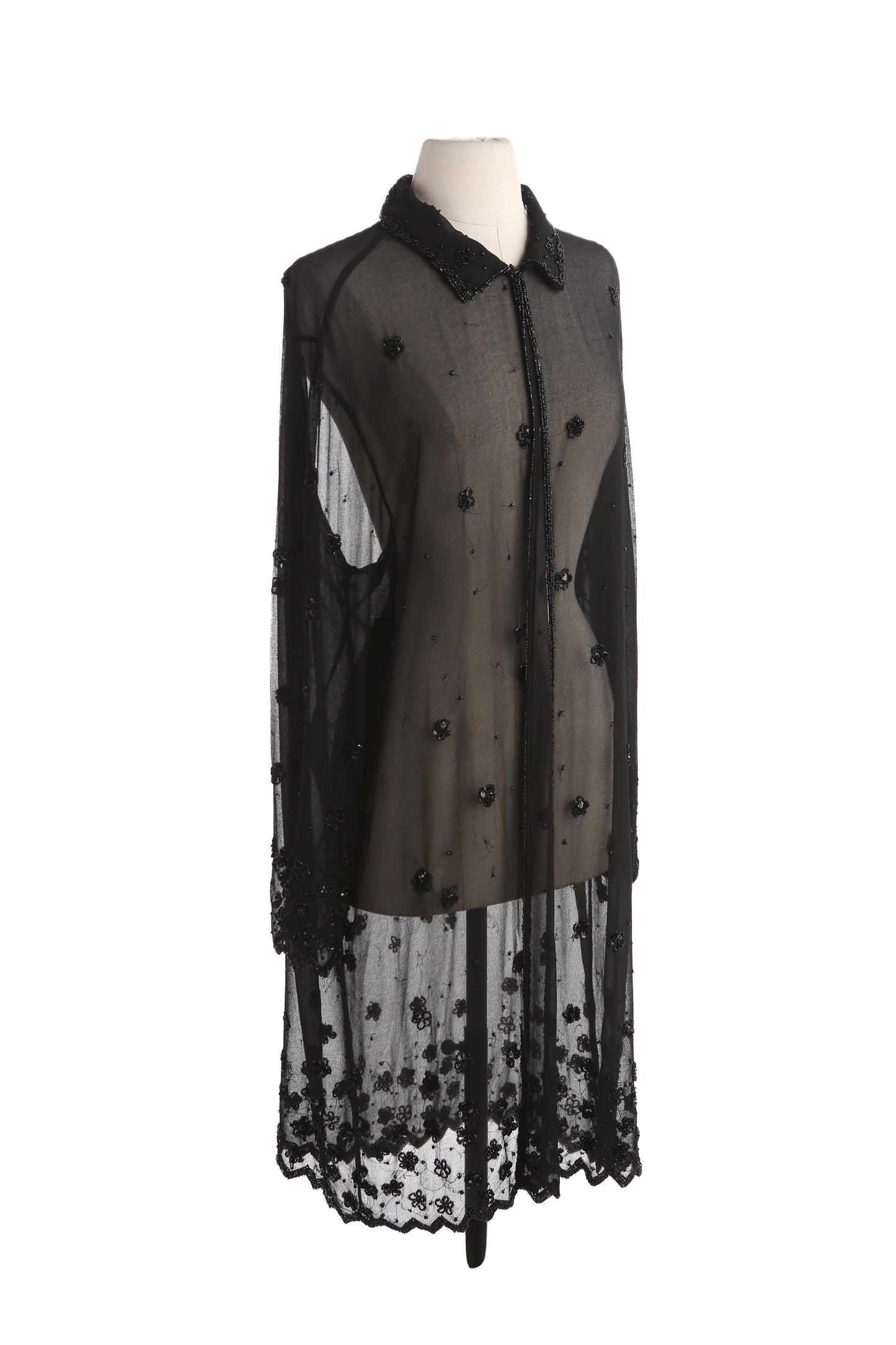 Vintage Women Long Sleeve Black Sheer Dress with Sequin Flower Design Details by JMD New York