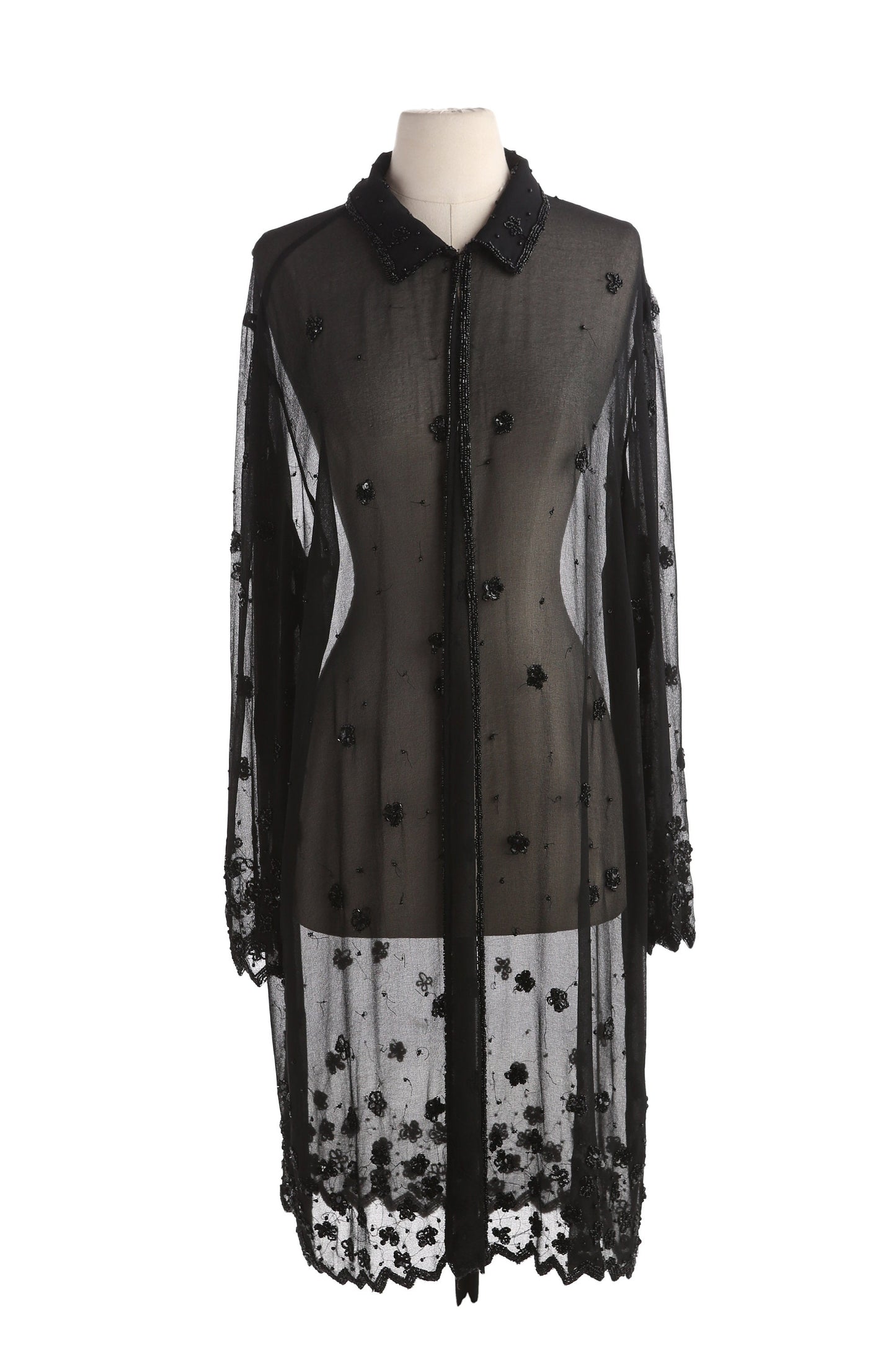 Vintage Women Long Sleeve Black Sheer Dress with Sequin Flower Design Details by JMD New York