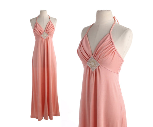70s Women Halter Pink Long Poly Dress