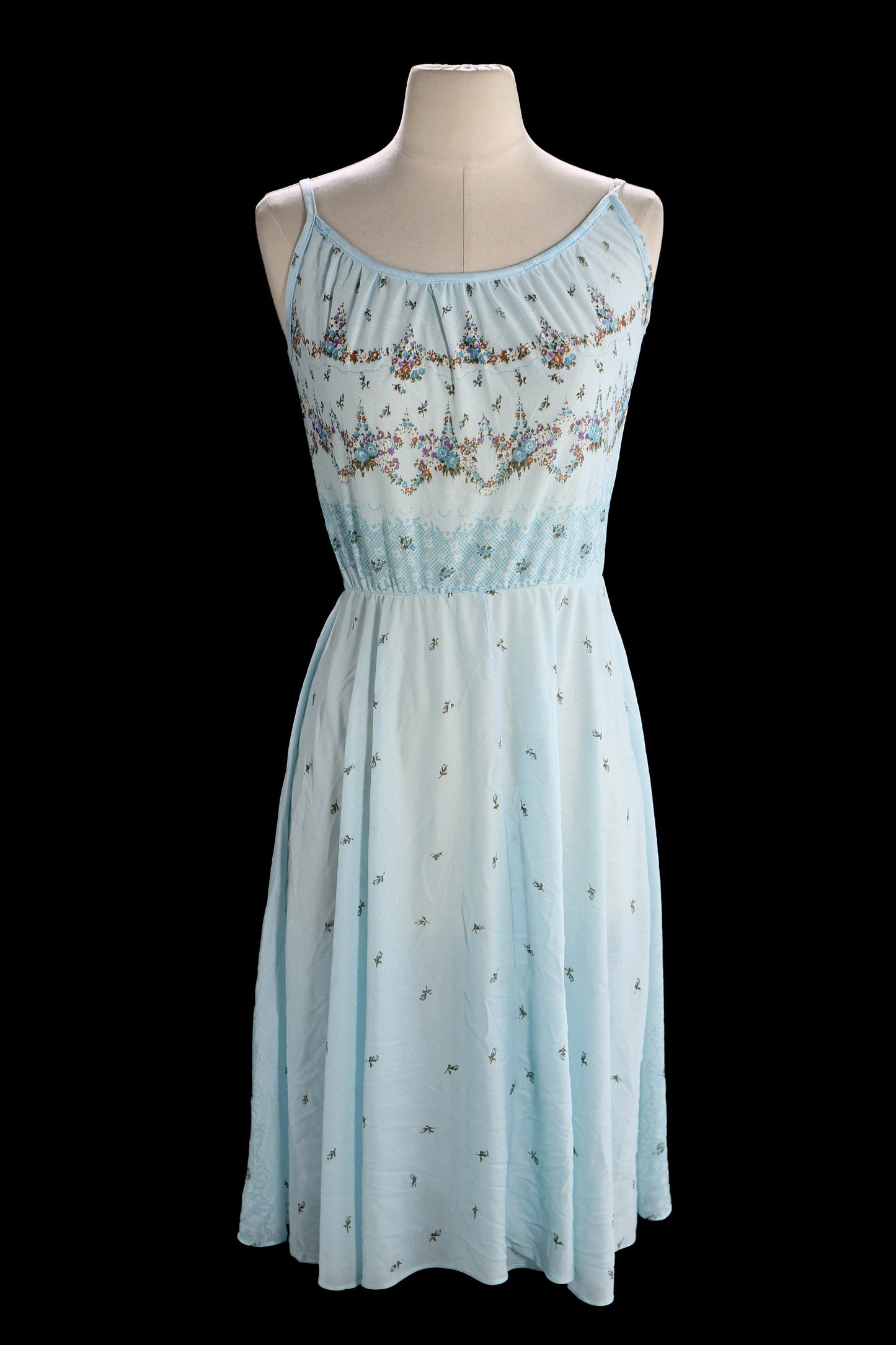 80s Women Blue Floral Print Polyester Sheer Dress