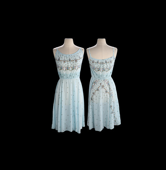 80s Women Blue Floral Print Polyester Sheer Dress