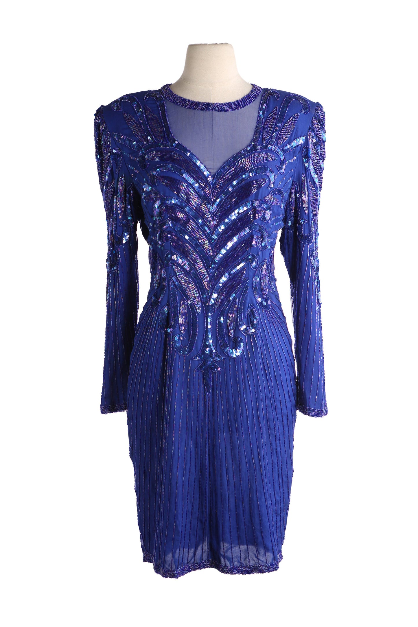 Vintage Women Blue Sequin Long Sleeve Evening Dress by Lauren Kagar