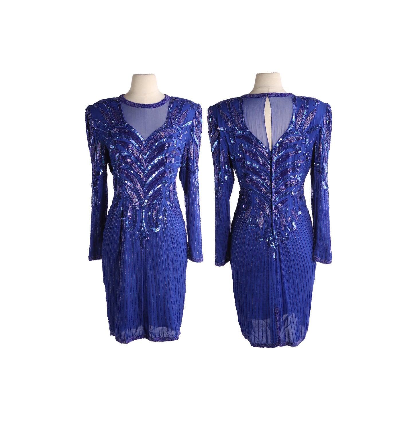 Vintage Women Blue Sequin Long Sleeve Evening Dress by Lauren Kagar