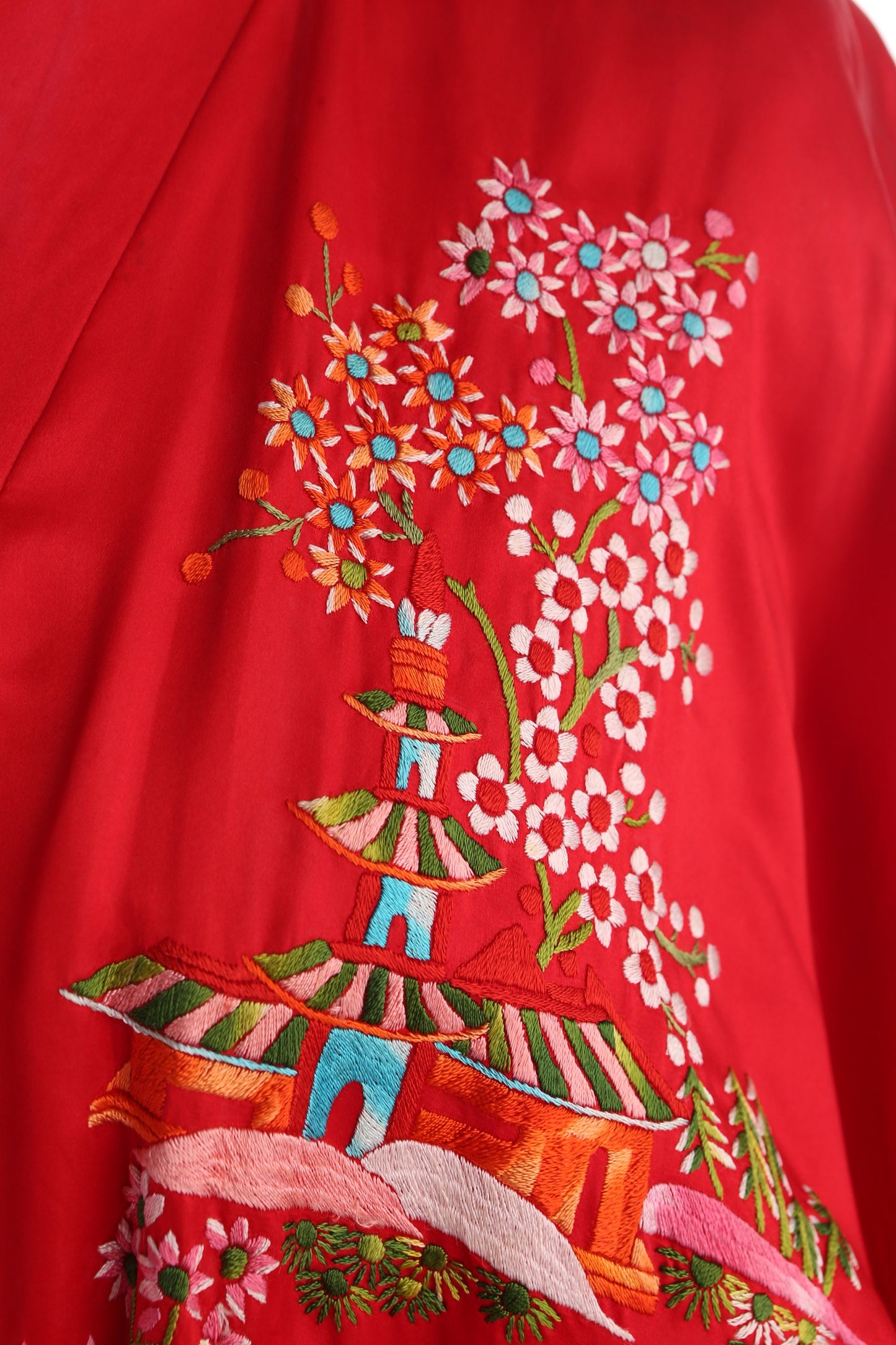 Vintage Chinese Red Embroidered Robe by Plum Blossom