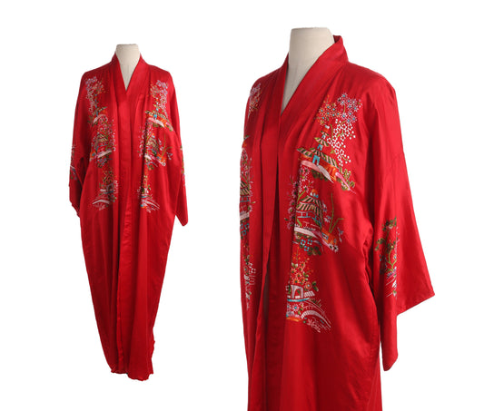 Vintage Chinese Red Embroidered Robe by Plum Blossom