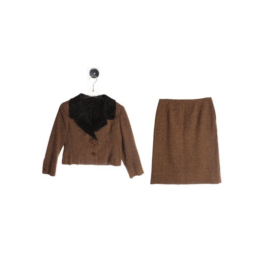 Vintage Women's Brown Casual Suit with Black Fur Lining - Estimated Era 1950's - 1960's