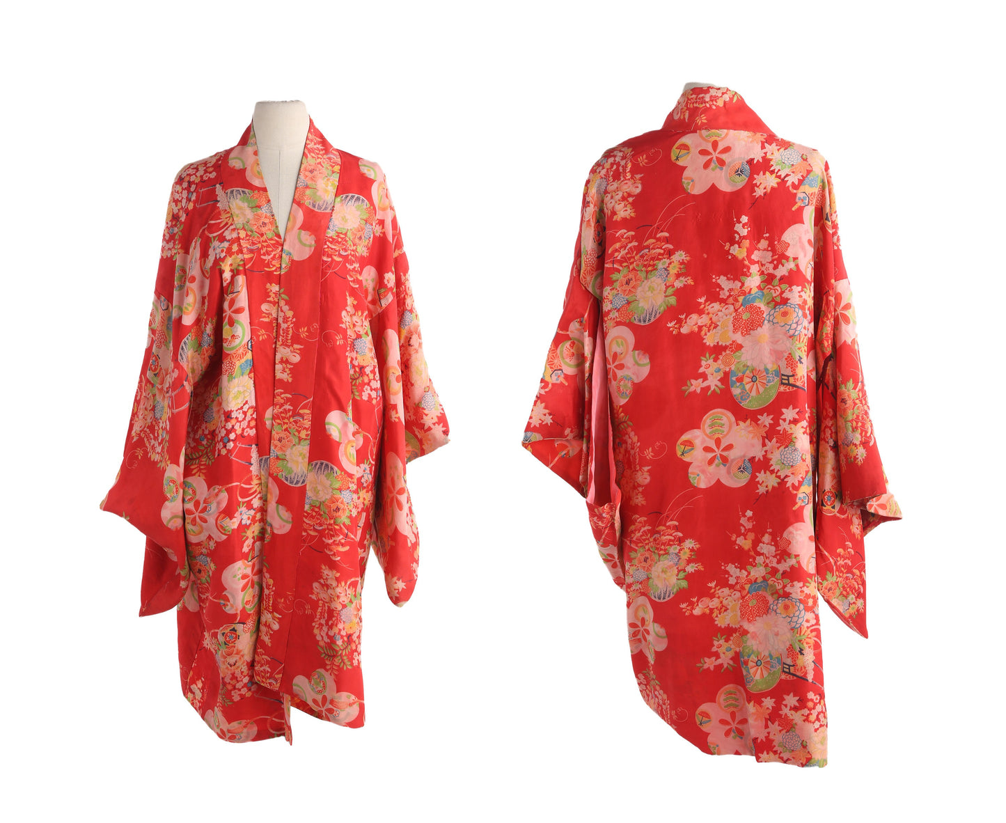 Vintage Red Kimono Robe - Floral Print