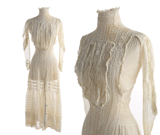 Vintage Women's White Lace Dress - Estimated Era 1800s - 1910s
