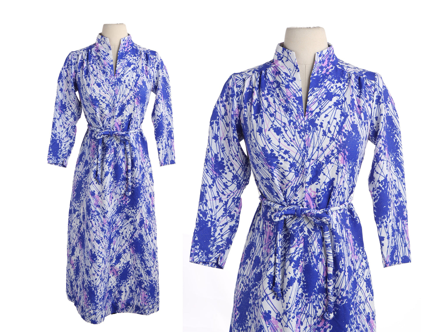 70s Blue and White Abstract Print Polyester Dress