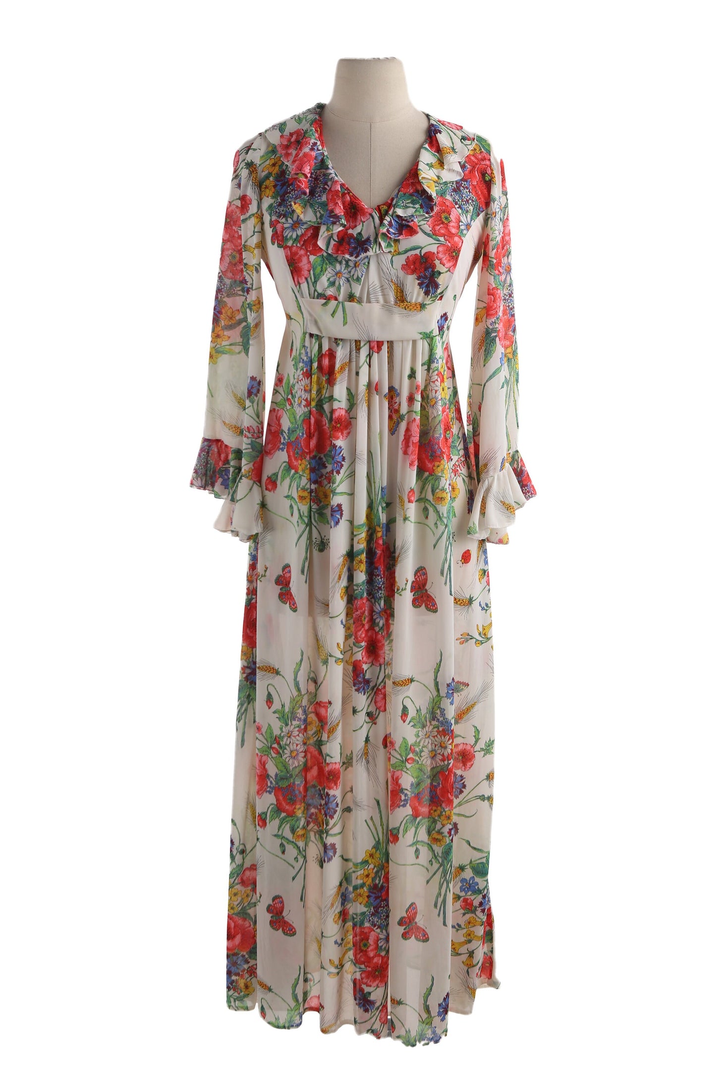 70s Women Floral Print Beige Long Fit and Flare Summer Dress