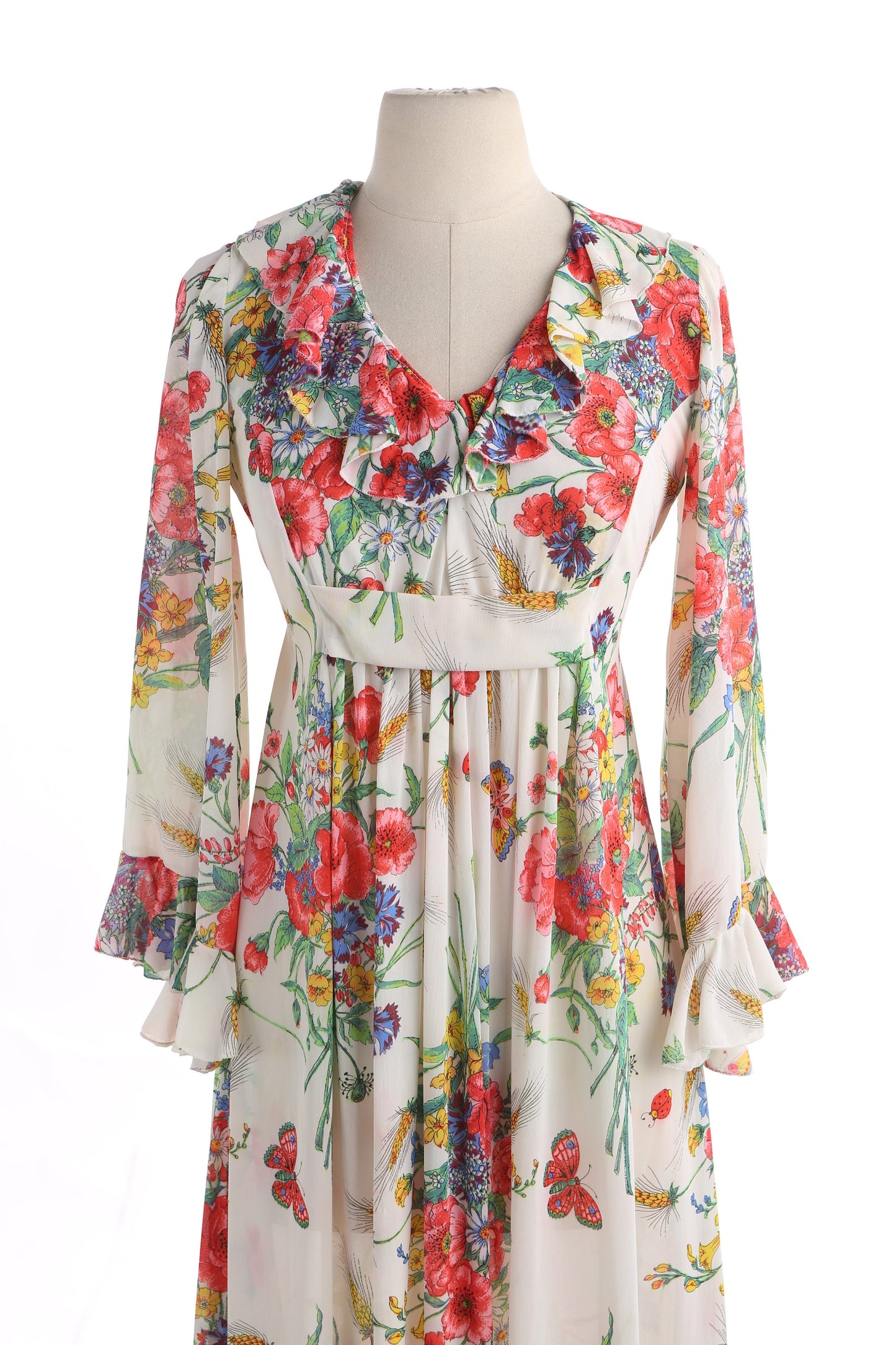 70s Women Floral Print Beige Long Fit and Flare Summer Dress