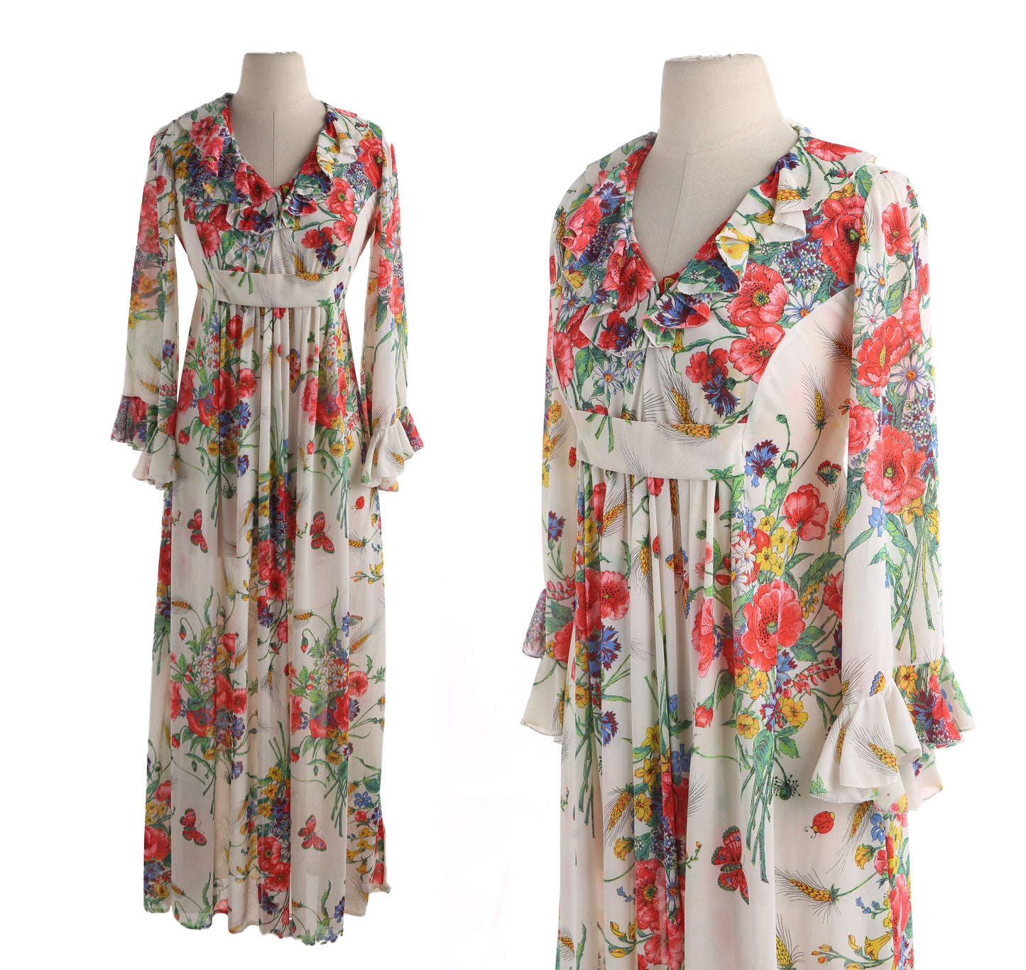 70s Women Floral Print Beige Long Fit and Flare Summer Dress