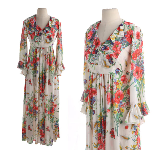 70s Women Floral Print Beige Long Fit and Flare Summer Dress