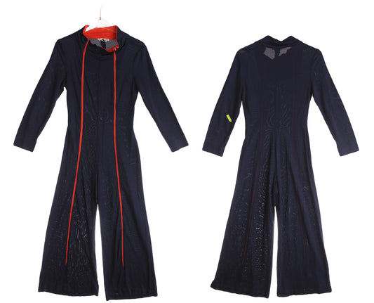70s Women Blue Casual Jumpsuit with Red Lined Zipper Closure