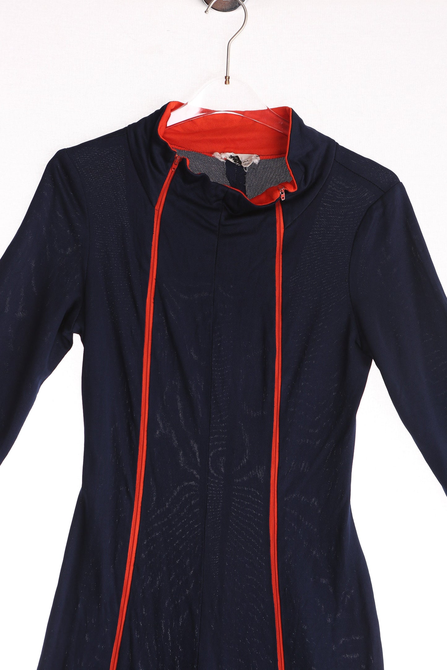 70s Women Blue Casual Jumpsuit with Red Lined Zipper Closure