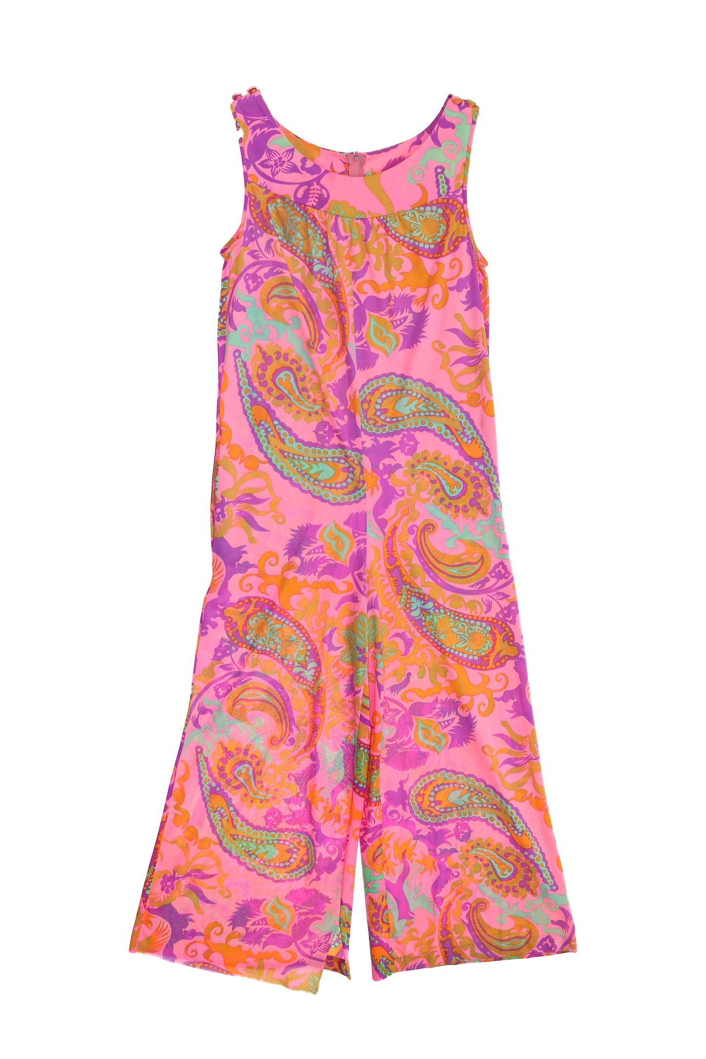 70S Women Pink Paisley Polyester Jumpsuit