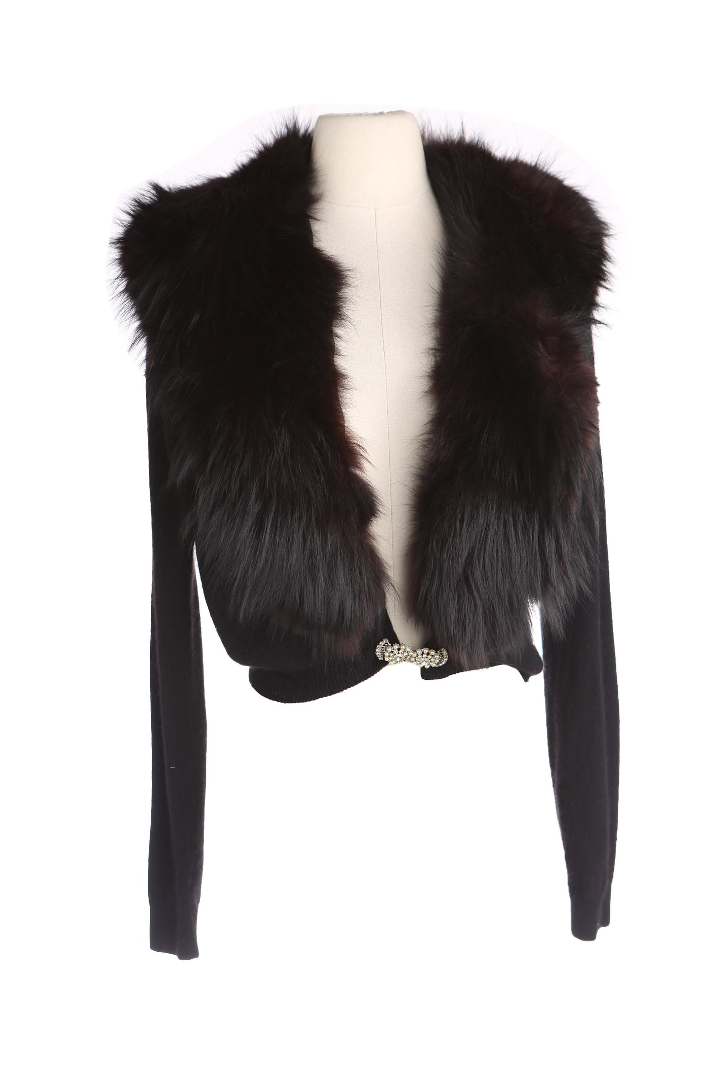 Vintage Women Black Cardigan Sweater with Black Fur Collar by Lilly of California - Estimated Era 1950's - 1960's