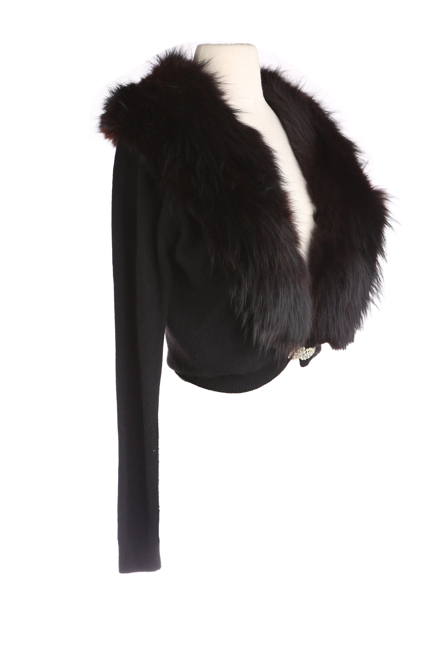 Vintage Women Black Cardigan Sweater with Black Fur Collar by Lilly of California - Estimated Era 1950's - 1960's