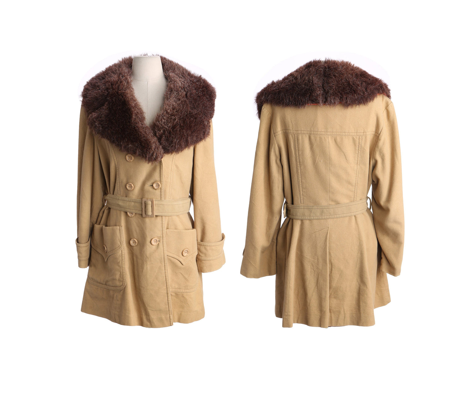 Vintage Women's Beige Winter Coat with Brown Faux Fur Collar - Estimated Era 1980's - 1990's