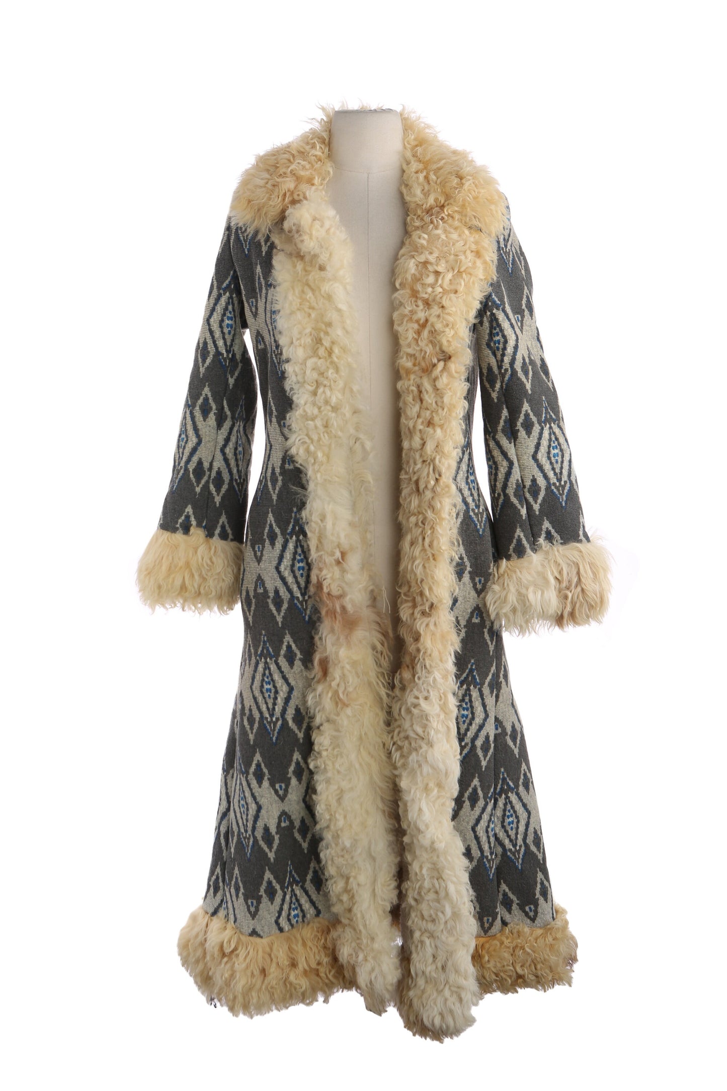 Vintage Women Long Shearling Coat with Tribal Print by I. Magnin - Estimated Era 1970's - 1980's