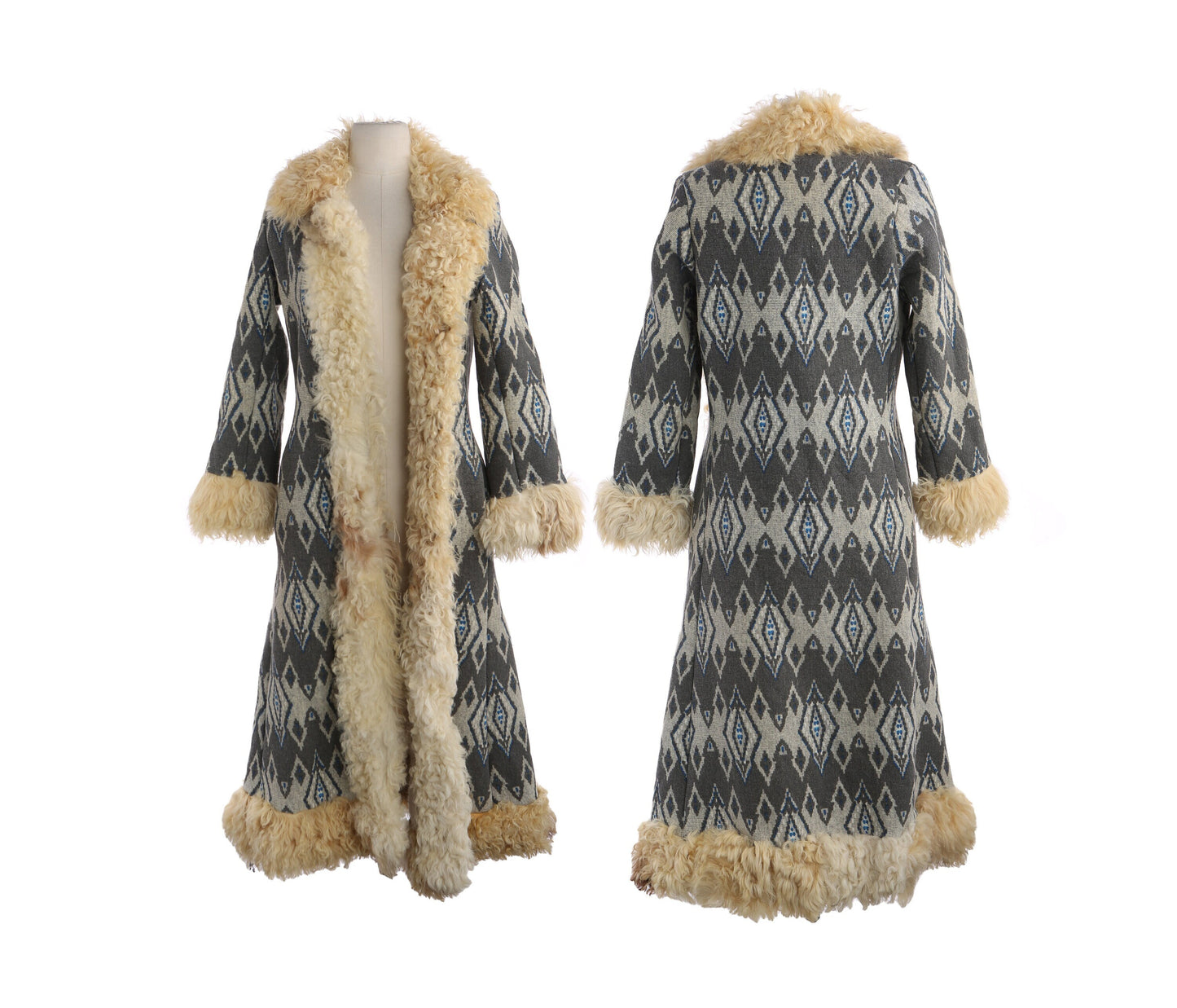 Vintage Women Long Shearling Coat with Tribal Print by I. Magnin - Estimated Era 1970's - 1980's