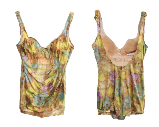 Vintage Women's Floral Print Yellow Swimsuit by Catalina
