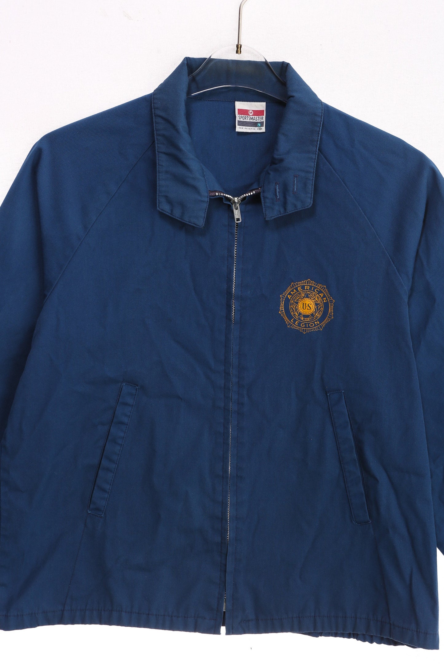 Vintage Men's Blue Work Jacket with US American Legion Yellow Print - Estimated Era 60s - 70s - Sportsmaster