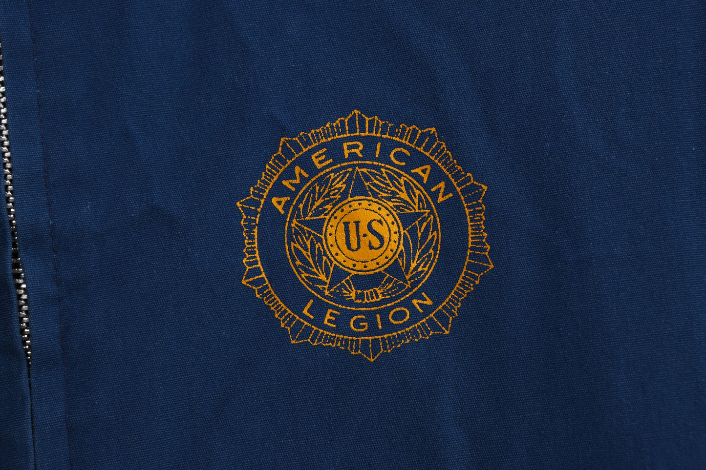 Vintage Men's Blue Work Jacket with US American Legion Yellow Print - Estimated Era 60s - 70s - Sportsmaster