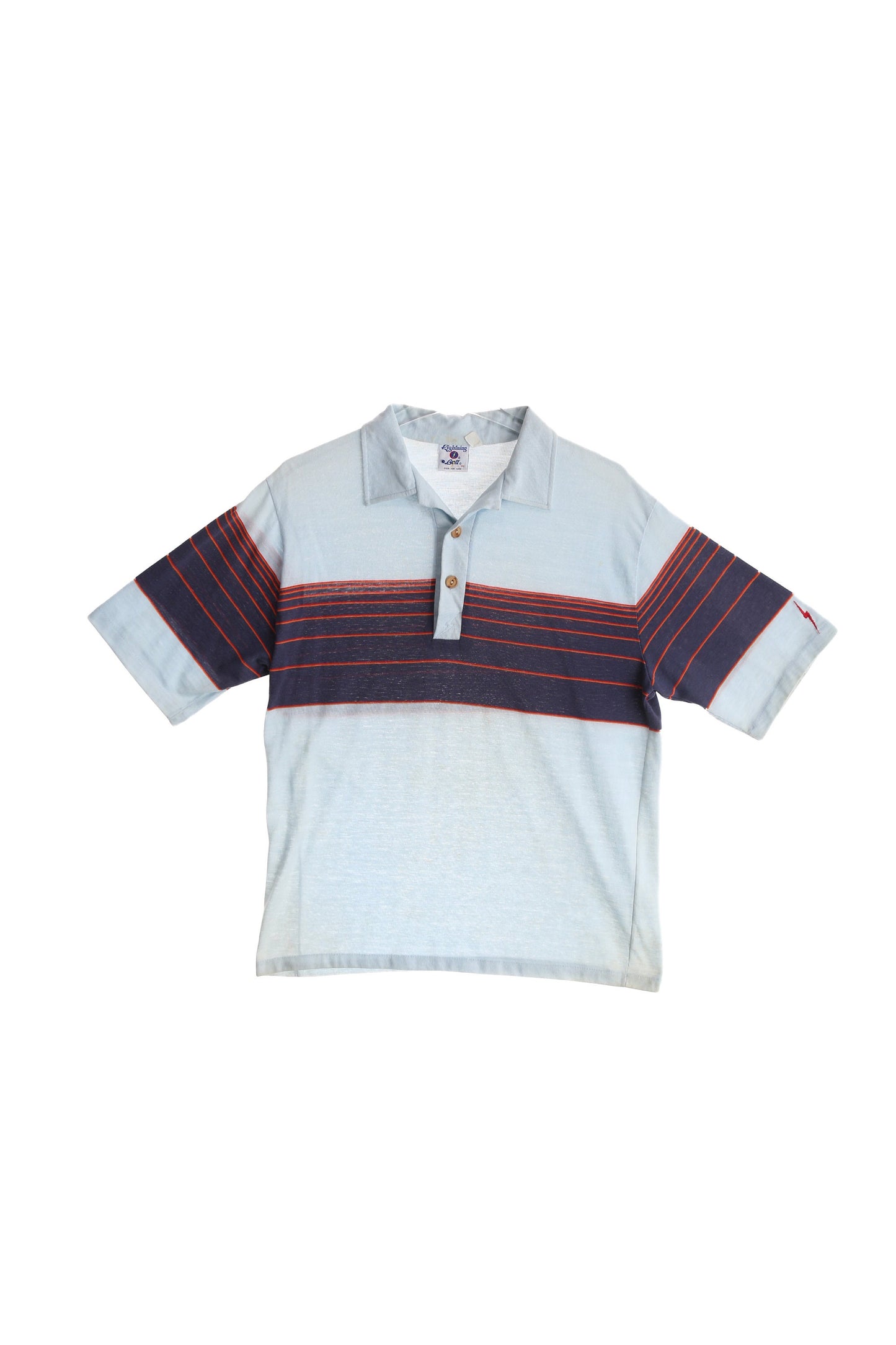 Vintage Lighting Bolt Blue Striped Polo Shirt - Estimated Era 1970's - 1980's