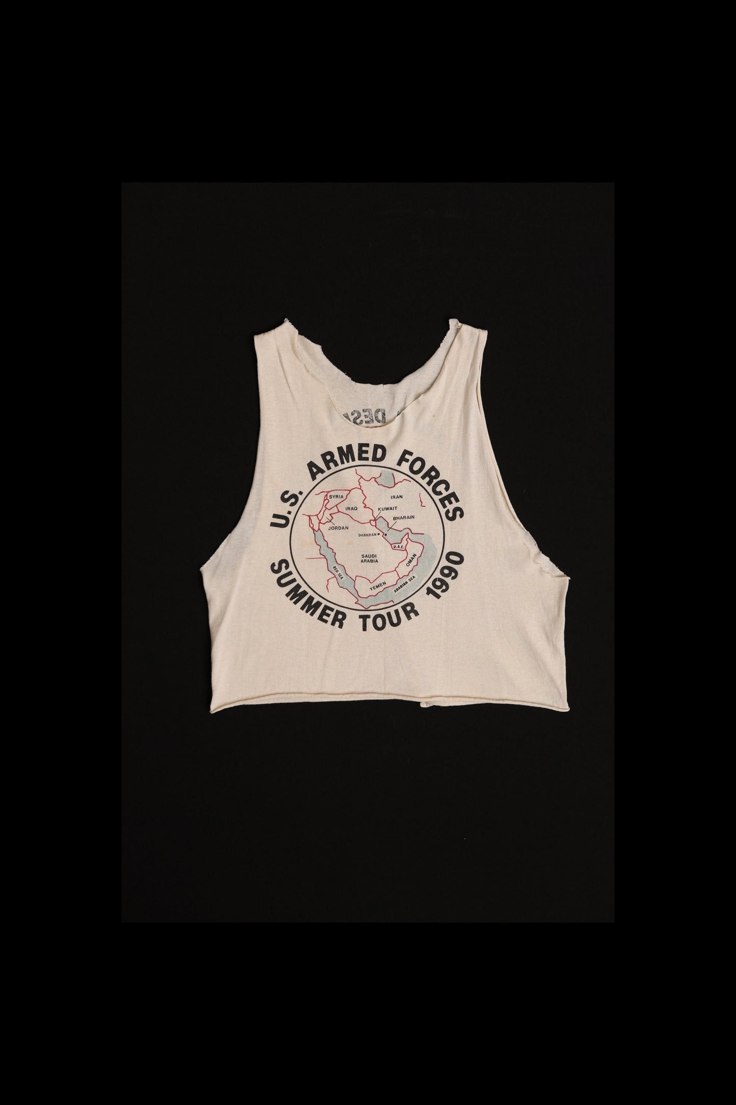 US Armed Forces Summer Tour 1990 Graphic Crop Top - Operation Desert Storm Rock-N-Roll to Go - "Take out or Delivery"