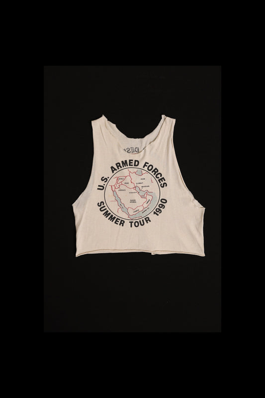 US Armed Forces Summer Tour 1990 Graphic Crop Top - Operation Desert Storm Rock-N-Roll to Go - "Take out or Delivery"