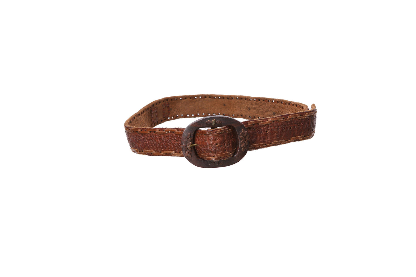 Vintage Brown Tooled Leather Belt with Wooded Belt Buckle