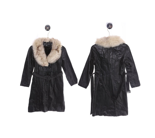 Vintage Women's Black Leather Winter Coat with White Fur Collar