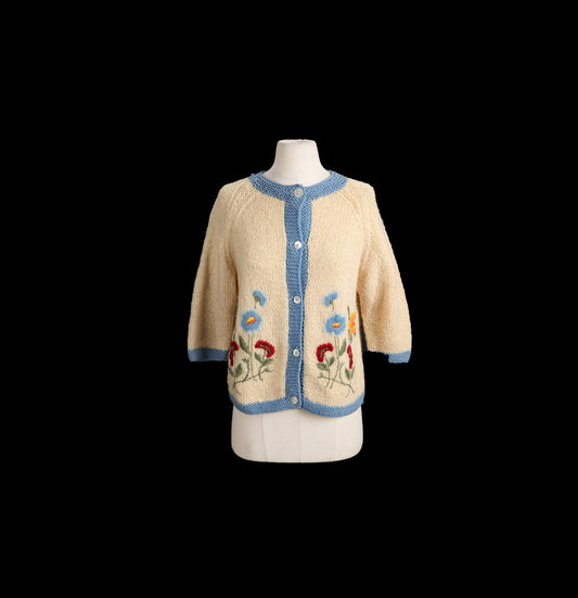 Vintage Women Button Up Embroidered Flowers by Marchessa - Era 60's - 70's