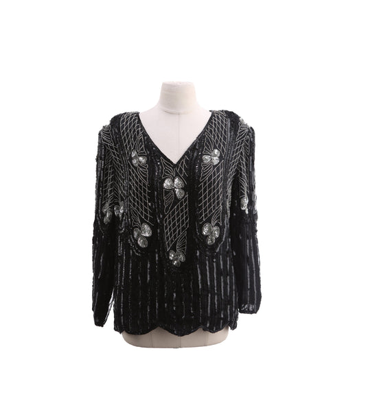 Vintage Women's Black Sequin Blouse by Zelloucci - Estimated Era 1980's - 1990's