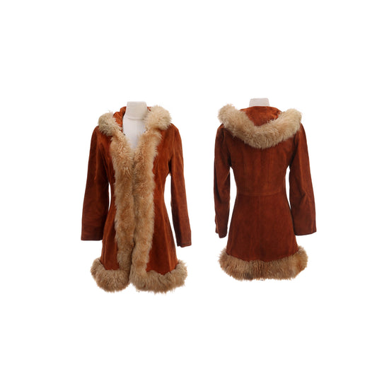 Vintage Women's Brown Hooded Suede Coat with Fur Seam by Gastown Talk - Estimated Era 1960's - 1970's