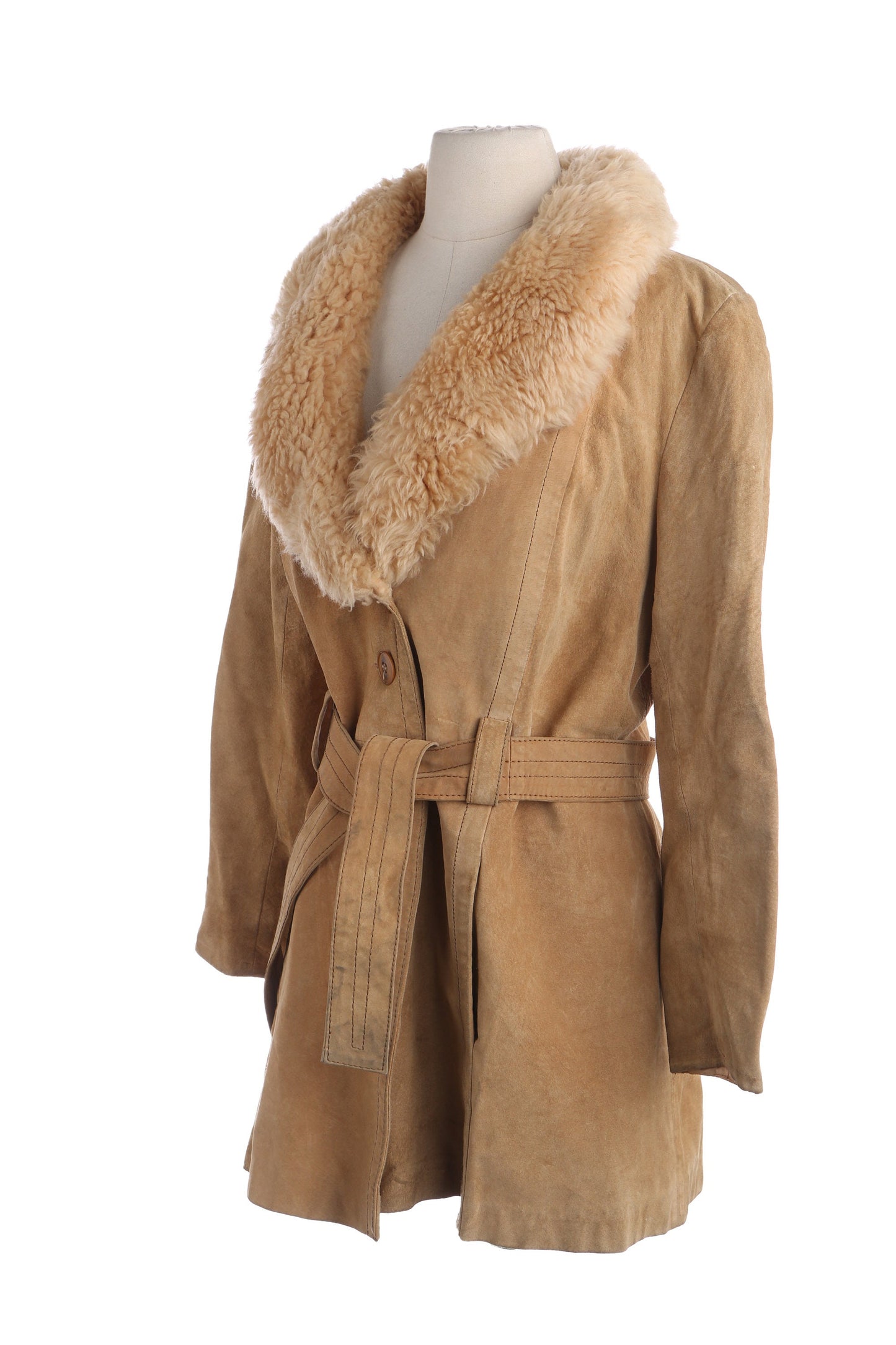 Vintage Women's Beige Suede Coat with Fur Collar - Estimated Era 1960's - 1970's