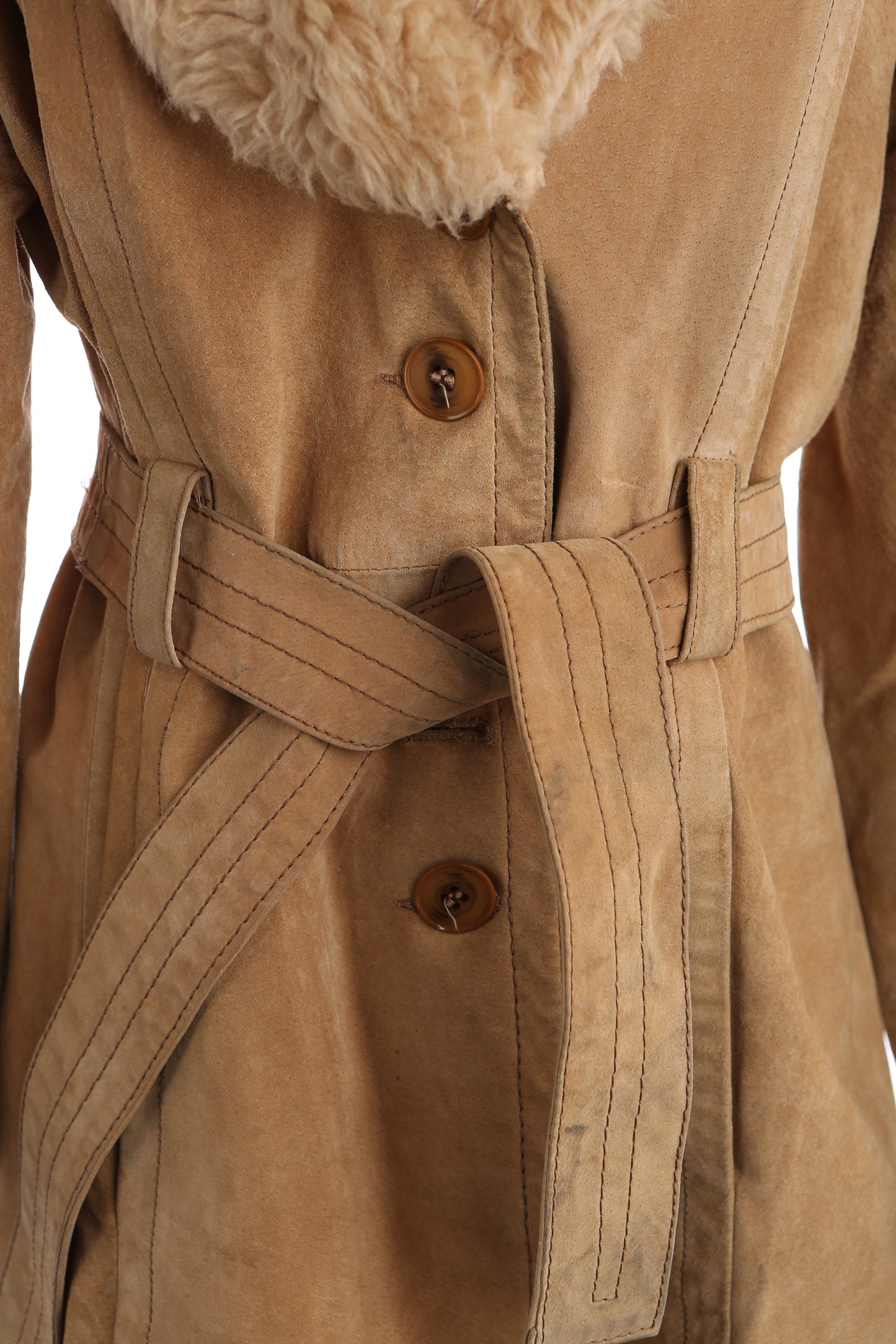 Vintage Women's Beige Suede Coat with Fur Collar - Estimated Era 1960's - 1970's