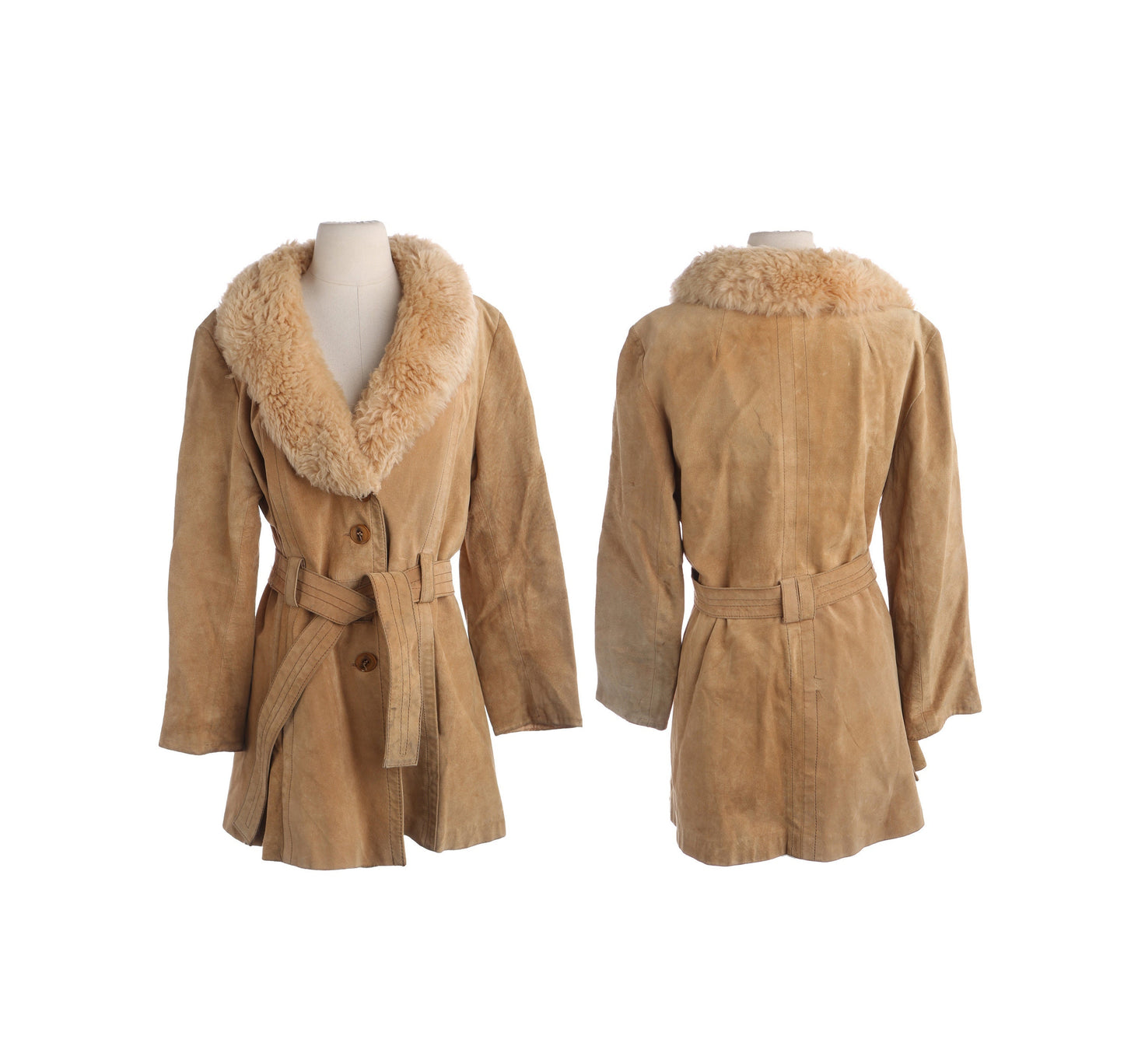 Vintage Women's Beige Suede Coat with Fur Collar - Estimated Era 1960's - 1970's