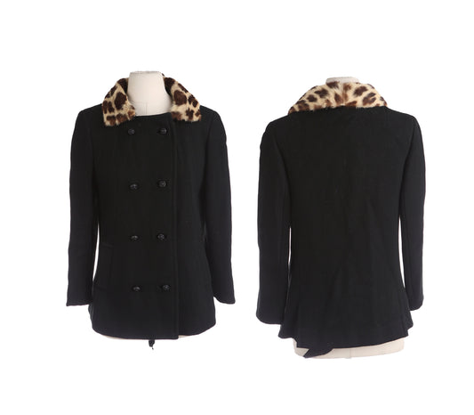 Vintage Women's Black Winter Coat with Leopard Print Fur Collar - Estimated Era 1950's - 1960's