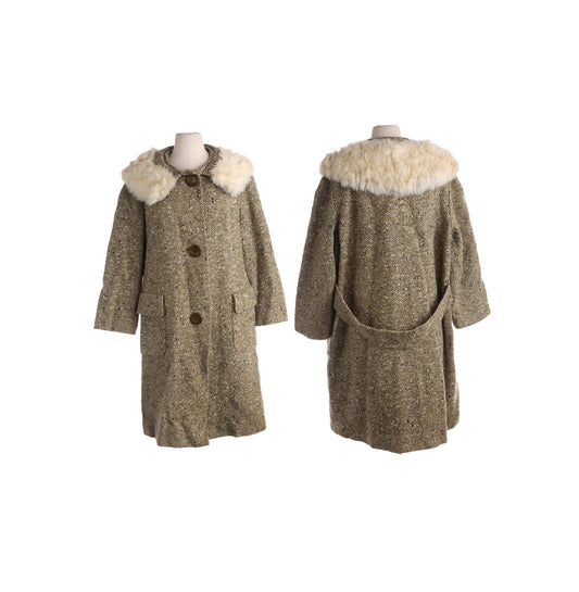 Vintage Women's Gray Winter Coat with White Fur Collar - Estimated Era 1950's - 1960's