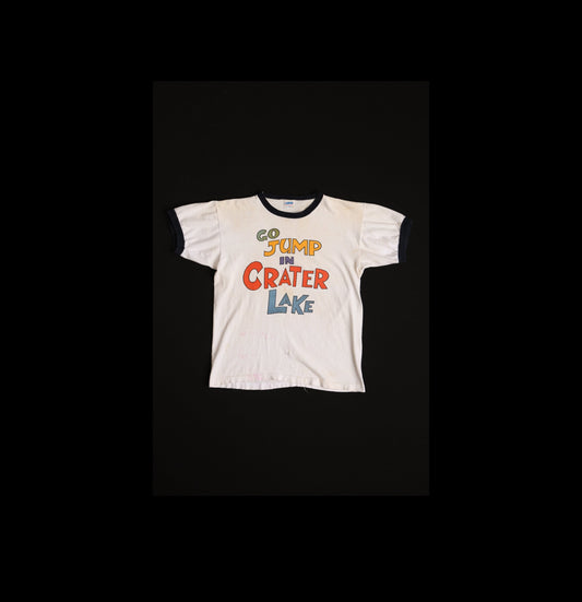 Vintage White Champion T-shirt with Go Jump in Crater Lake Print